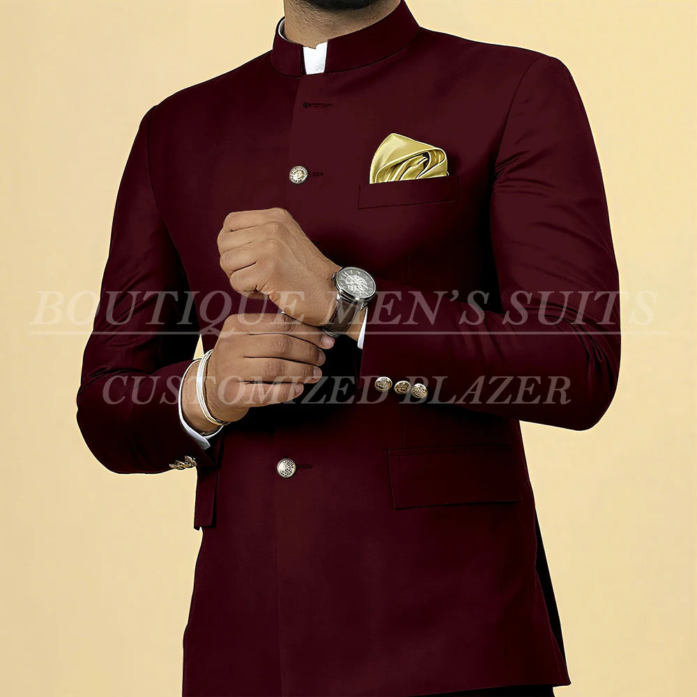 Elegant men's slim fit wedding suit with blazer and pants, featuring a single-breasted design and stand lapel by Showlu Fashion.