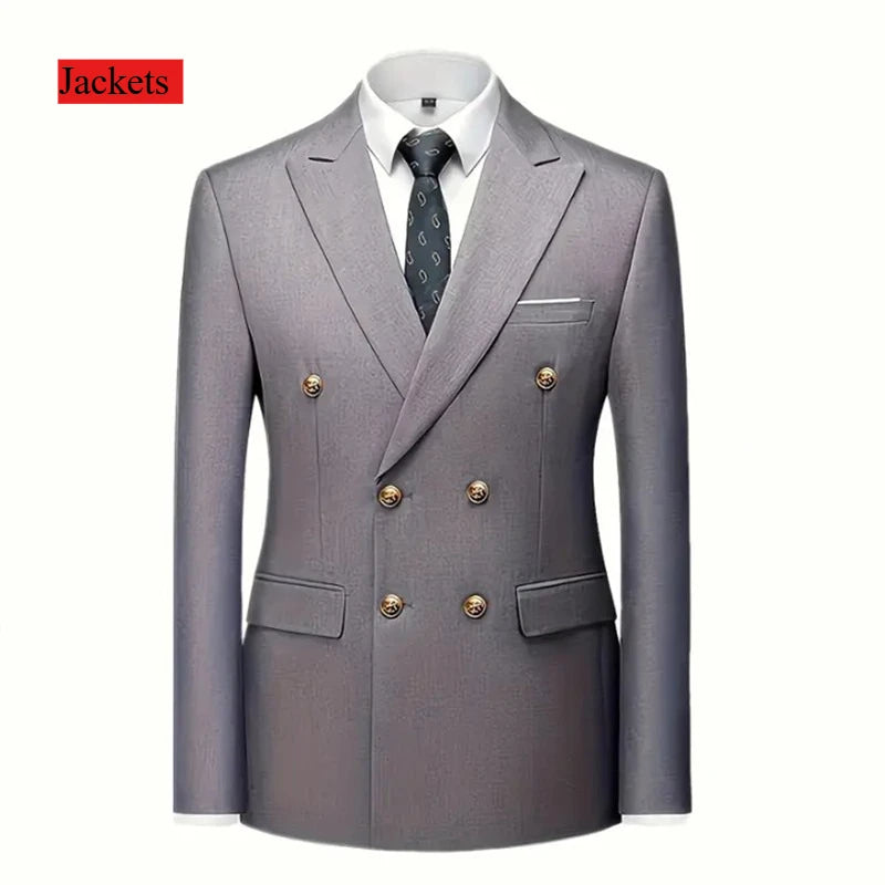Black men's double-breasted slim fit suit with gold buttons, ideal for wedding, prom, or party attire, high-quality Showlu Fashion.