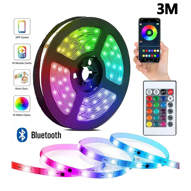 WiFi Smart LED Strip 5M by Showlu Smart General showing colorful LED lights mounted on a wall with remote control.