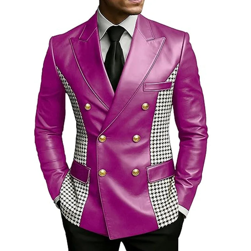 Men’s brown leather blazer with houndstooth sides, double-breasted design, gold buttons, slim fit, vintage style, Showlu Fashion Store