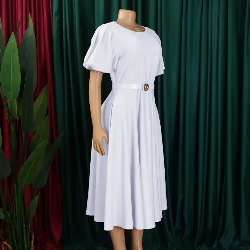 Women's puff sleeve A-line office dress with belt by SHOWLU FASHION STORE, shown in a stylish professional setting.