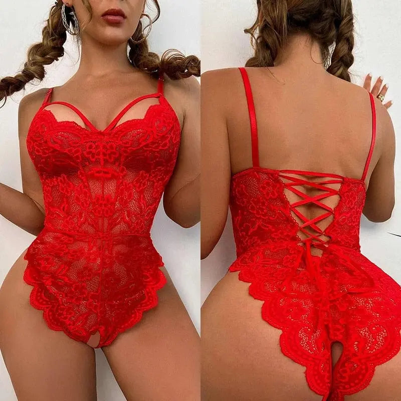 Red crotchless lace lingerie set with floral bra and matching panties, featuring open back and delicate lace details.
