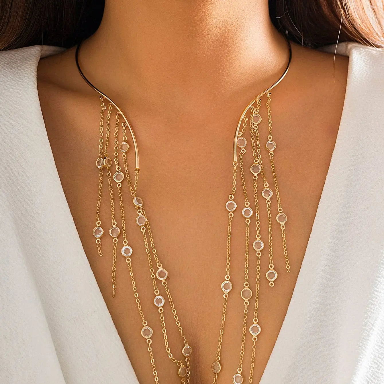 Goth star crystal tassel choker necklace with sequins and vintage chest chain design, stylish women's jewelry by Showlu Fashion.