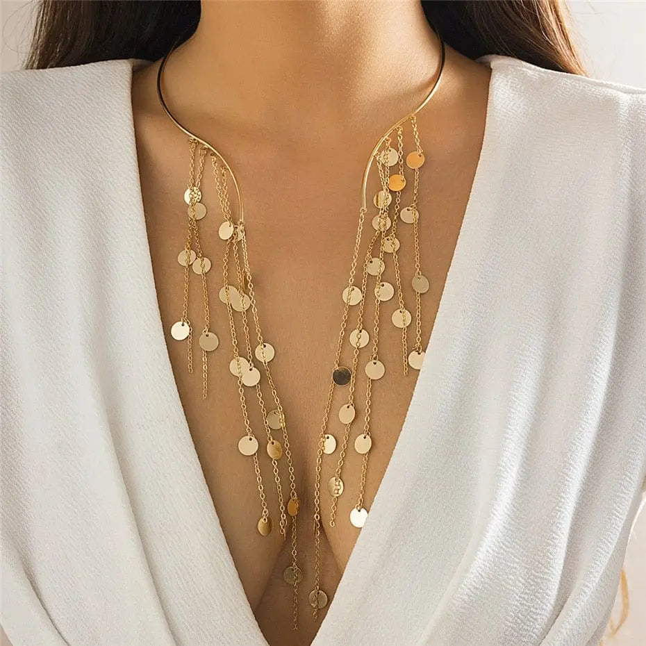 Goth star crystal tassel choker necklace with sequins and vintage chest chain design, stylish accessory for women.