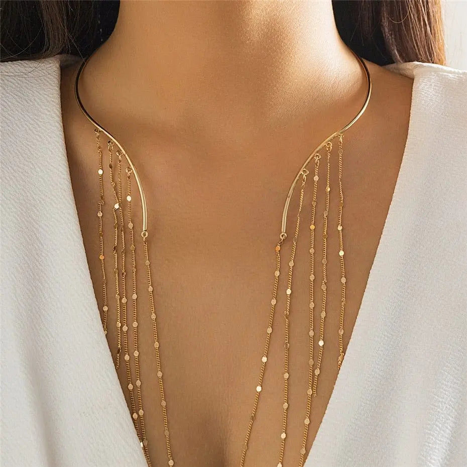 Goth star crystal tassel choker necklace with sequins, vintage chest chain style, perfect for women’s edgy gothic fashion accessories