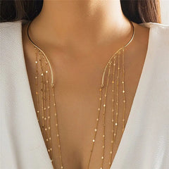 Showlu Fashion Store 0 Silver Link Sexy Goth Long Tassel Star Crystal Sequin Pendant Open Torques Choker Necklace for Women Vintage Chest Chain Wed Accessories New