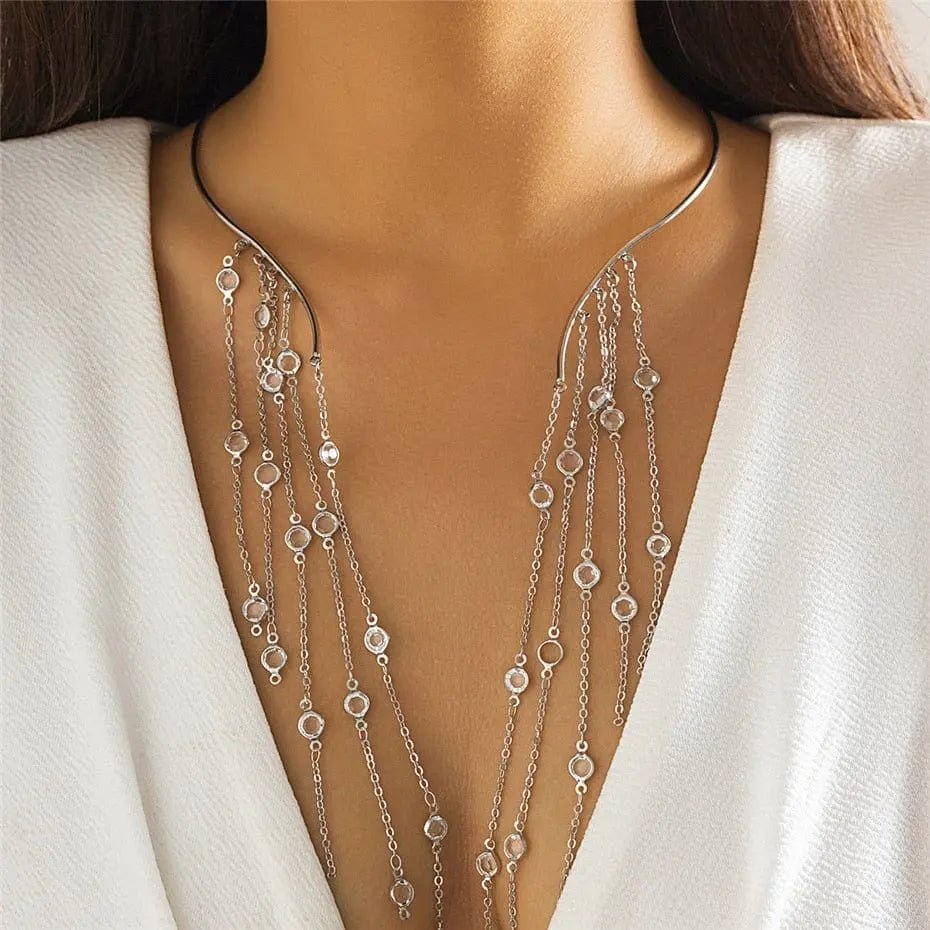 Goth star crystal tassel choker necklace with sequin pendant, vintage chest chain, worn as a statement jewelry piece for women.
