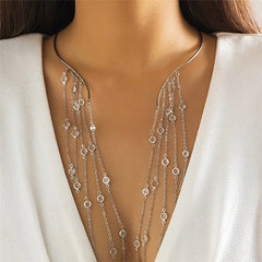 Showlu Fashion Store 0 Silver Link Sexy Goth Long Tassel Star Crystal Sequin Pendant Open Torques Choker Necklace for Women Vintage Chest Chain Wed Accessories New