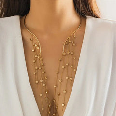 Showlu Fashion Store 0 Silver Link Sexy Goth Long Tassel Star Crystal Sequin Pendant Open Torques Choker Necklace for Women Vintage Chest Chain Wed Accessories New