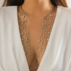 Showlu Fashion Store 0 Silver Link Sexy Goth Long Tassel Star Crystal Sequin Pendant Open Torques Choker Necklace for Women Vintage Chest Chain Wed Accessories New