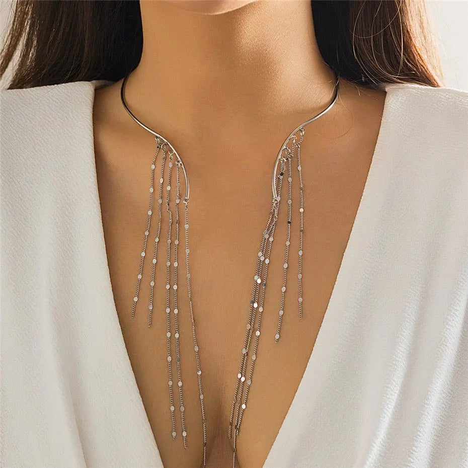 Showlu Fashion Store 0 Silver Link Sexy Goth Long Tassel Star Crystal Sequin Pendant Open Torques Choker Necklace for Women Vintage Chest Chain Wed Accessories New