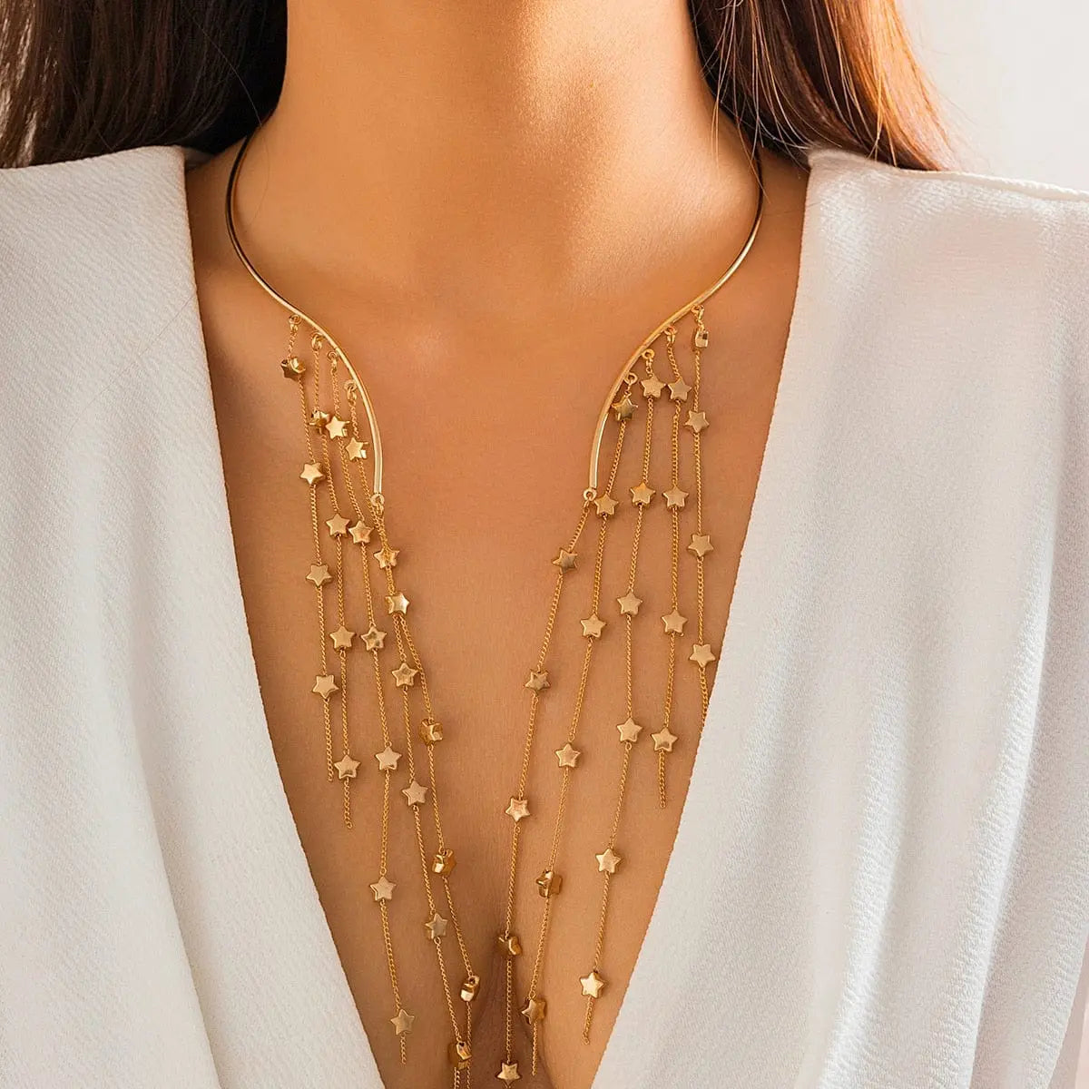 Showlu Fashion Store 0 Silver Link Sexy Goth Long Tassel Star Crystal Sequin Pendant Open Torques Choker Necklace for Women Vintage Chest Chain Wed Accessories New