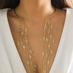Showlu Fashion Store 0 Silver Link Sexy Goth Long Tassel Star Crystal Sequin Pendant Open Torques Choker Necklace for Women Vintage Chest Chain Wed Accessories New
