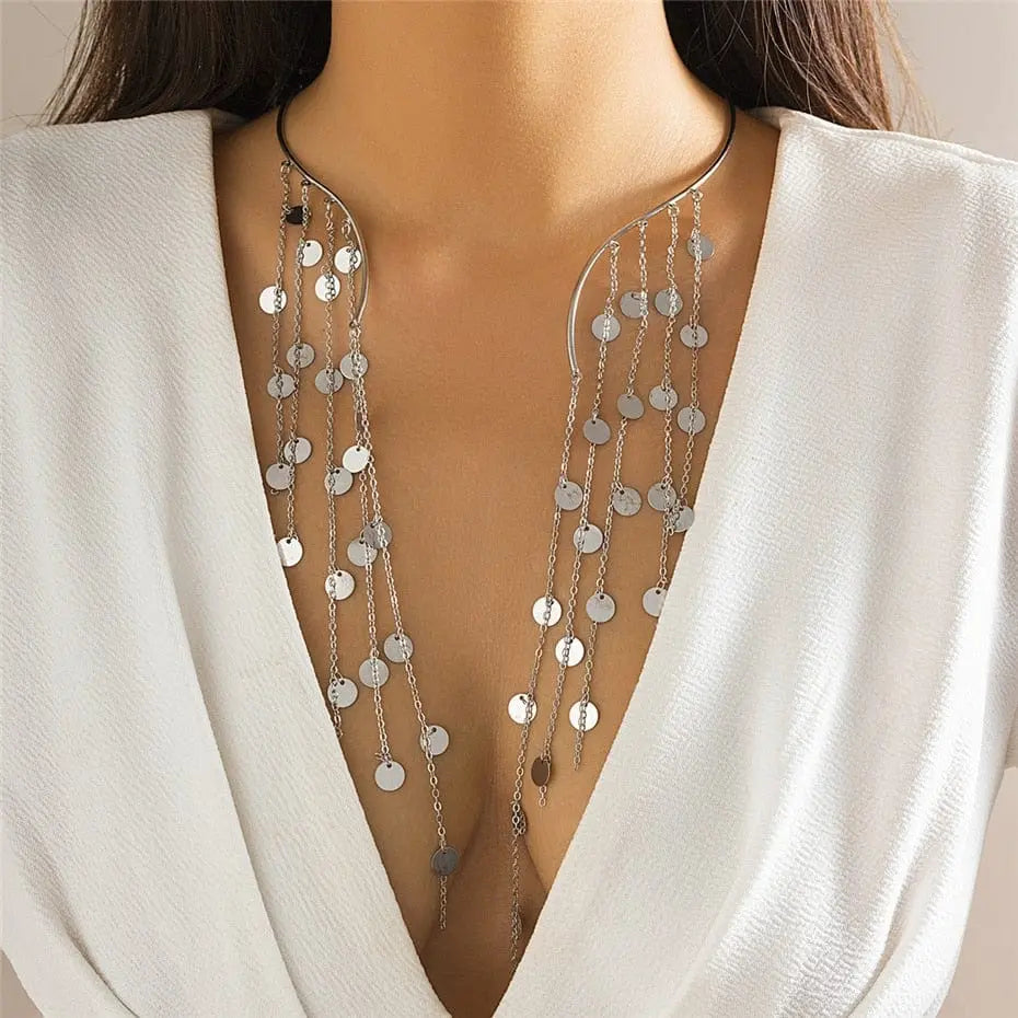 Showlu Fashion Store 0 Silver Link Sexy Goth Long Tassel Star Crystal Sequin Pendant Open Torques Choker Necklace for Women Vintage Chest Chain Wed Accessories New