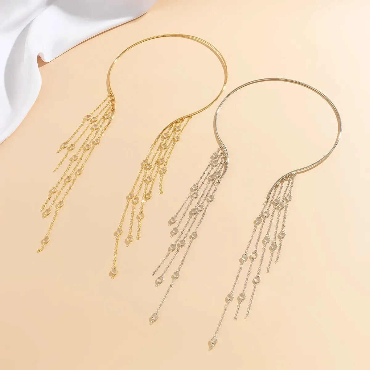 Showlu Fashion Store 0 Silver Link Sexy Goth Long Tassel Star Crystal Sequin Pendant Open Torques Choker Necklace for Women Vintage Chest Chain Wed Accessories New