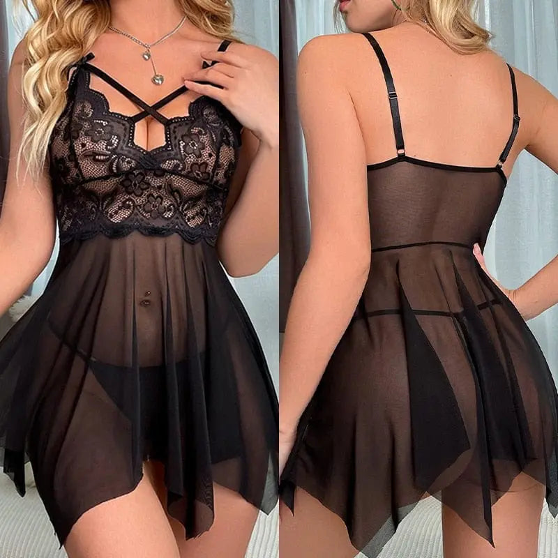 LQYCSX women's lace crotchless floral V-neck mini nightgown, sexy and exotic sleepwear with delicate lace details.