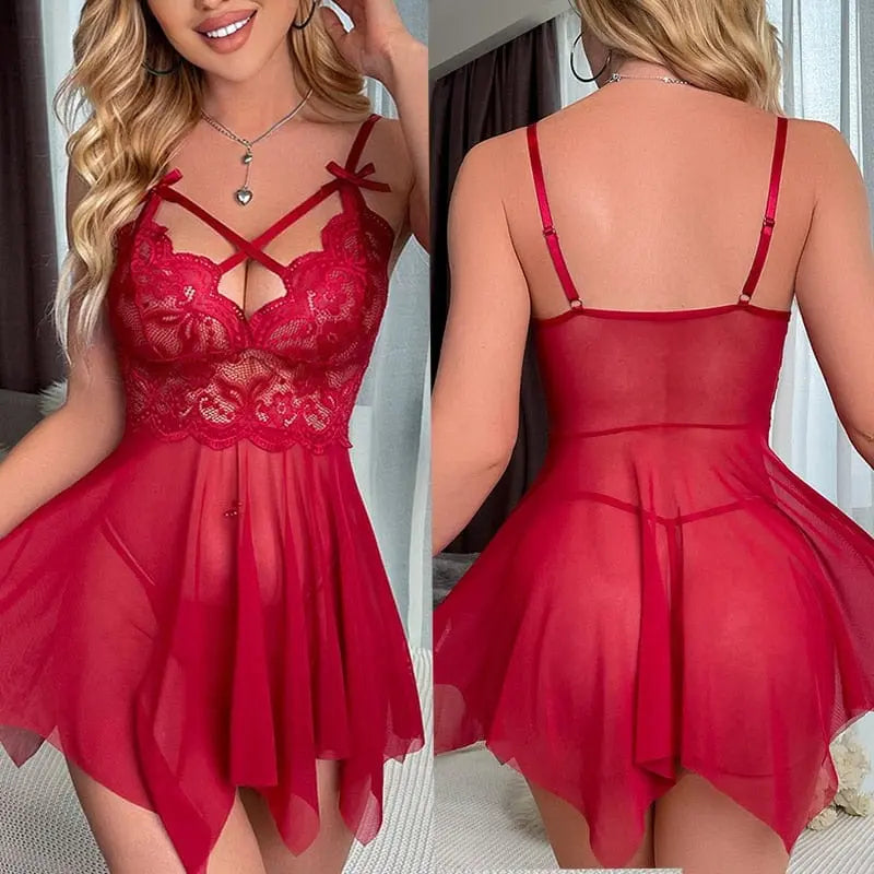 LQYCSX women's lace crotchless nightgown with floral V-neck design, mini sleepwear lingerie, showing delicate lace details.