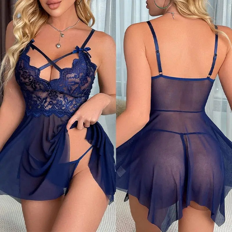 LQYCSX women's floral lace crotchless nightgown with V-neck, mini length, sexy sleepwear, showcasing delicate lace details.