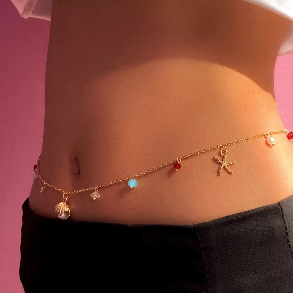 Vintage Y2K belly chain with thin copper beads, stylish waist body jewelry for summer streetwear fashion.
