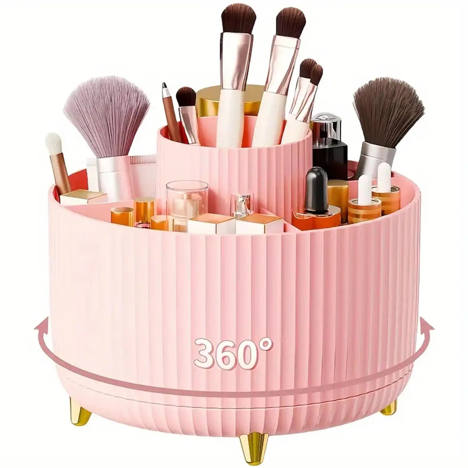 360° rotating makeup organizer by Aberzey Store with multiple compartments for cosmetics and beauty accessories.