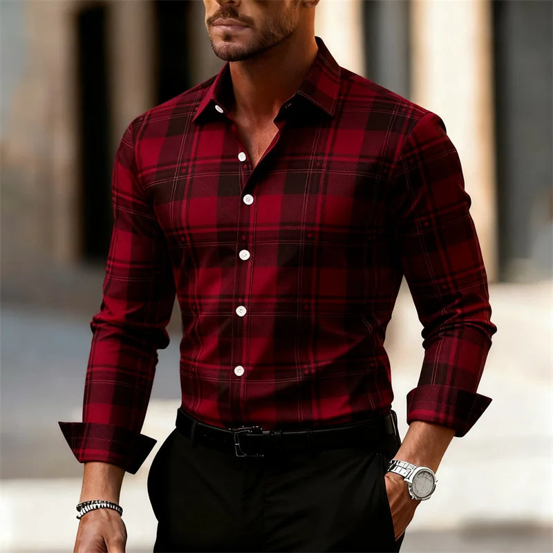 Men's plaid shirt by Showlu Fashion Store, casual long-sleeved street style top, outdoor daily wear in large sizes XS-6XL.