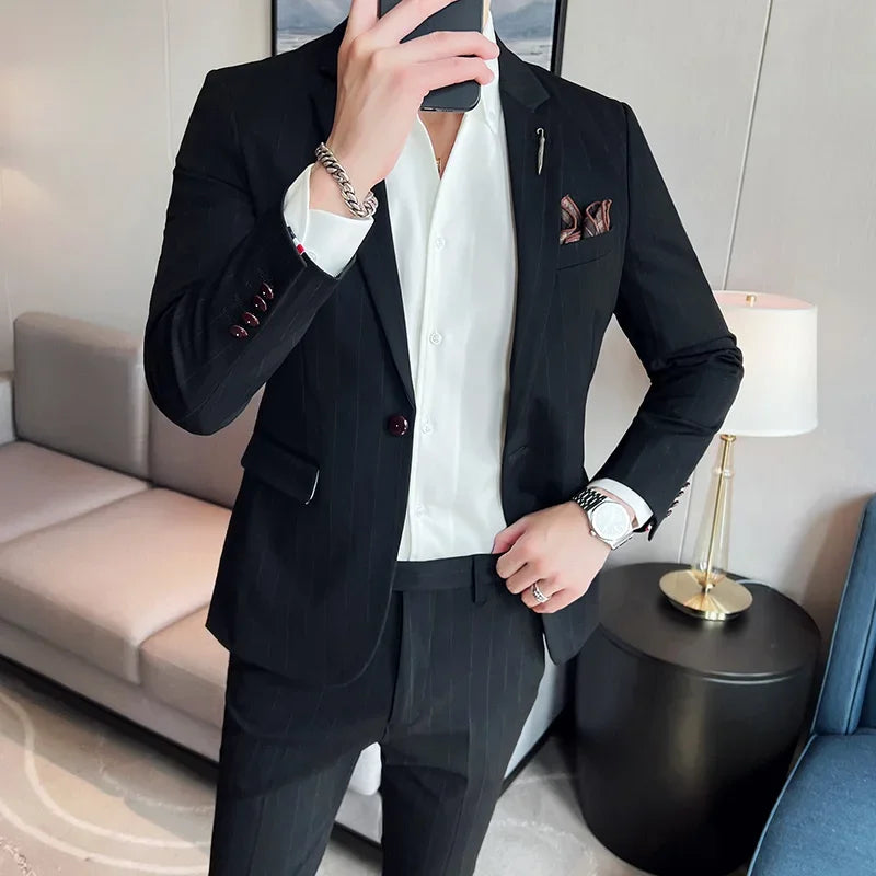 ( Blazer + Pants ) High-end Brand Formal Business Plaid Mens Suit Groom Wedding Dress Solid Color Stage Performance Tuxedo S-7XL SHOWLU FASHION STORE