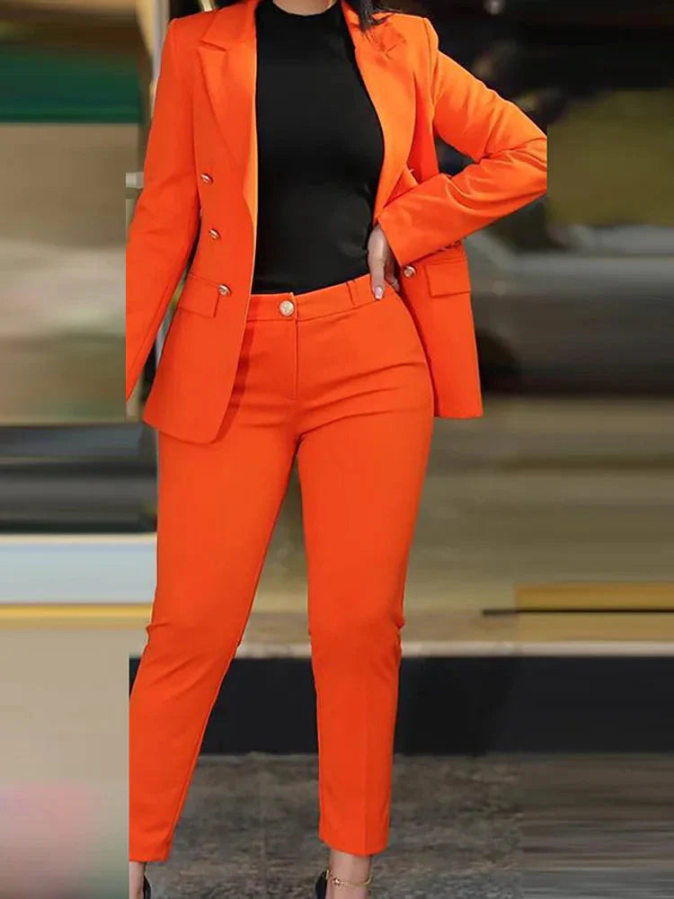 Navel orange women's slim fit pant suit with solid cardigan and pencil pants, stylish and tailored by SHOWLU FASHION STORE.