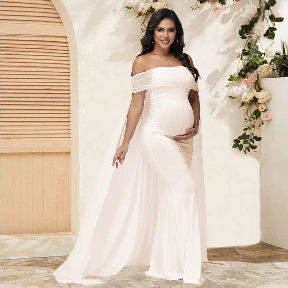 Showlu maternity photography dress in flowing mesh chiffon maxi gown, perfect for elegant maternity photoshoots.