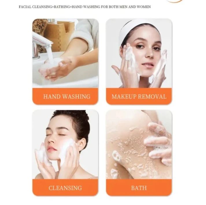 100g Kojic Acid Soap with Vitamin C, Turmeric, Retinol, Shea Butter, and Vitamin E for cleansing and nourishing skin.
