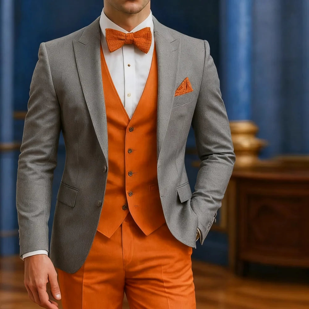 Men's white and orange 3-piece tuxedo by Showlu Fashion Store, ideal for weddings, graduations, and formal occasions.