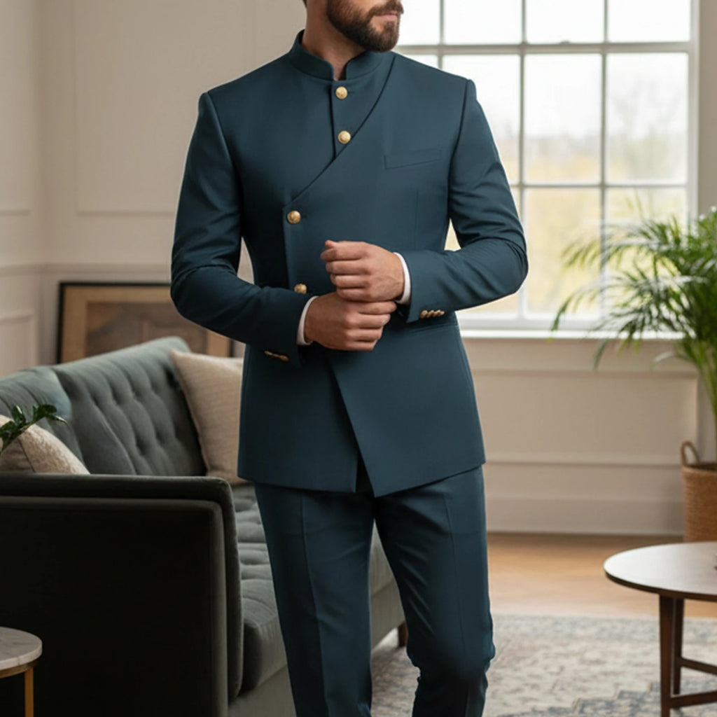 Chinese Suit Men 2 Piece Tunic Suits Slim Fit Safari Suits for Men Mandarin Collar Suit Blazer Pants Set