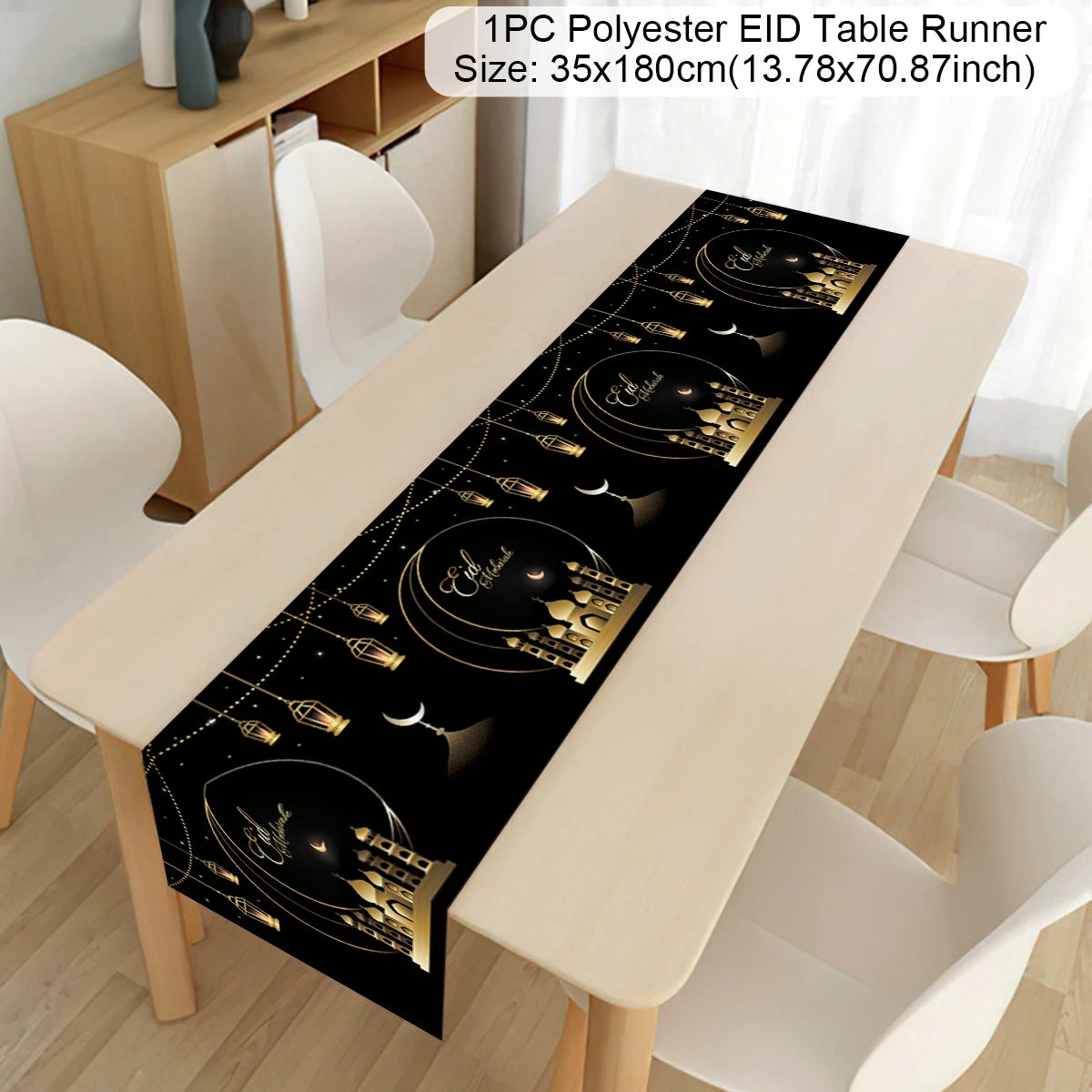 Ramadan decoration table runner with Eid Mubarak design for home, featuring Islamic motifs for Eid Al-Fitr celebrations.