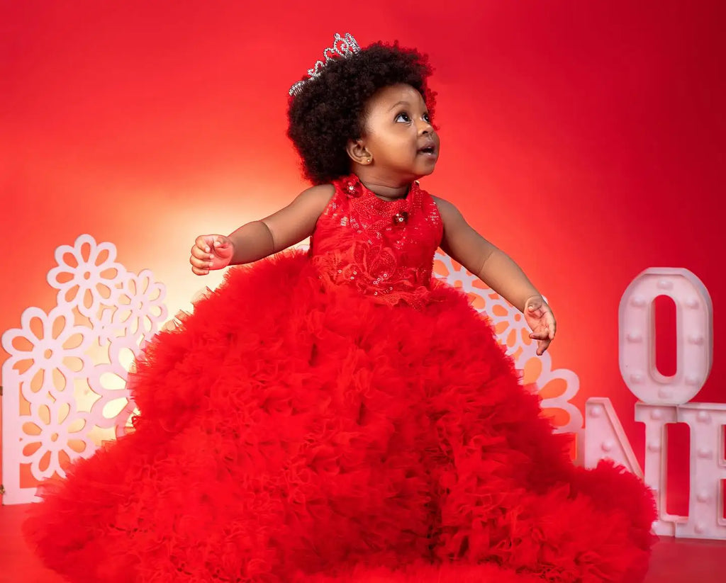 Red flower girl dress by SHOWLU FASHION STORE with sequined ruffles, perfect for weddings and special occasions.