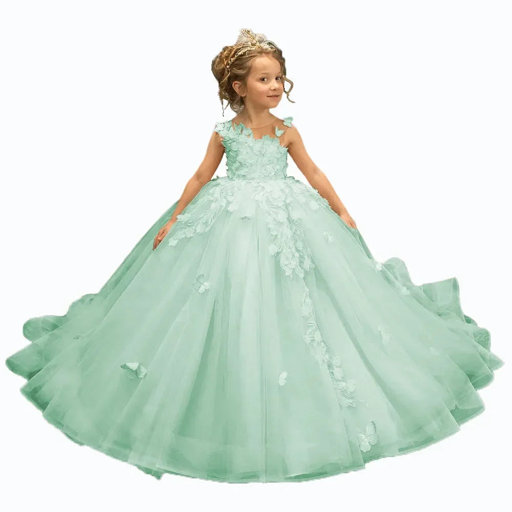 Flower girl dress by Showlu Fashion with 3D floral appliqué tulle gown for special occasions, featuring a charming and elegant design.