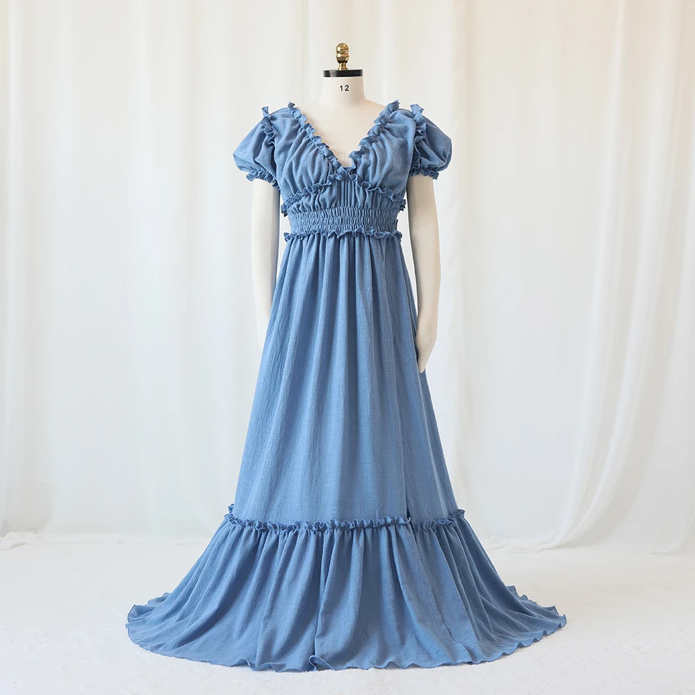 Showlu Bohemian maternity maxi gown with off-shoulder ruffled design, perfect for photos and special occasions.