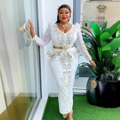 Women Wedding Bride Party Dress V Neck Luxury Hot Drill Long Sleeve Ruffle Hem Package Hip Elegant Evening Event Celebrate Gowns