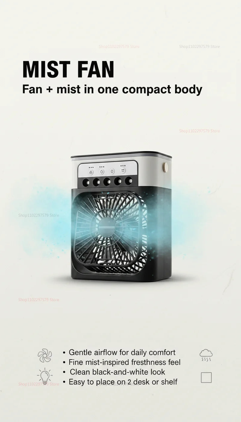 Portable Showlu Smart General USB air cooler fan with 3-speed settings, mini water mist humidifier, LED display, desktop cooling.