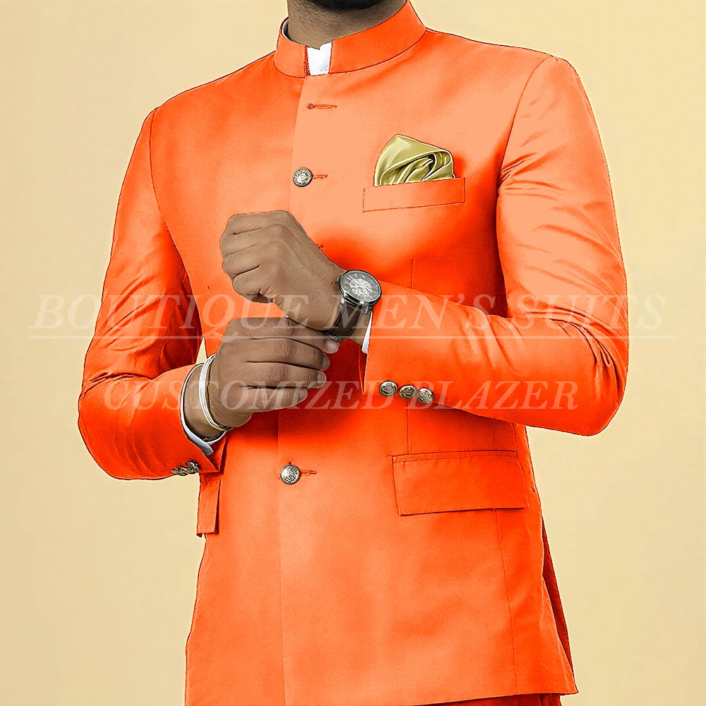 Elegant men's slim fit wedding suit with blazer and pants, featuring single-breasted design and stand lapel, tailored by Showlu Fashion.