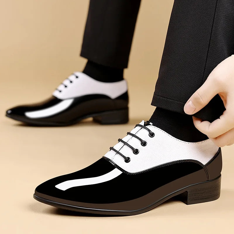 Men's black patent leather Oxford shoes with pointed toe, formal dress shoes for weddings and special occasions by Showlu Fashion Store.