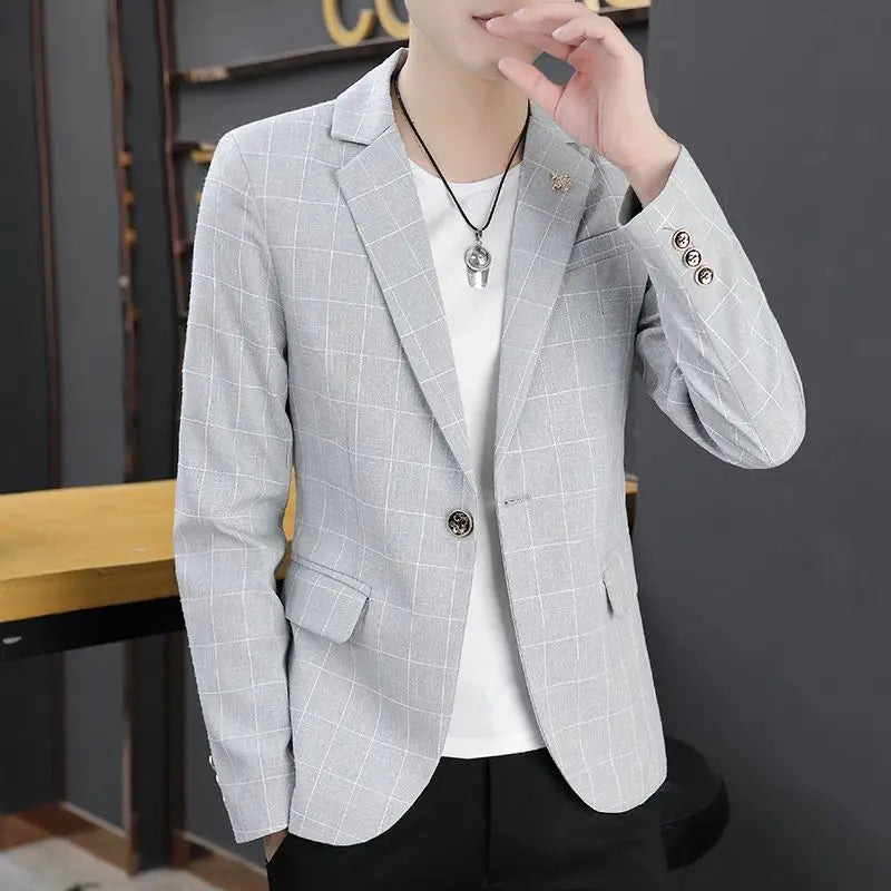 Men's slim fit striped plaid blazer by SHOWLU FASHION STORE, casual Korean style jacket with stylish pattern and tailored fit.