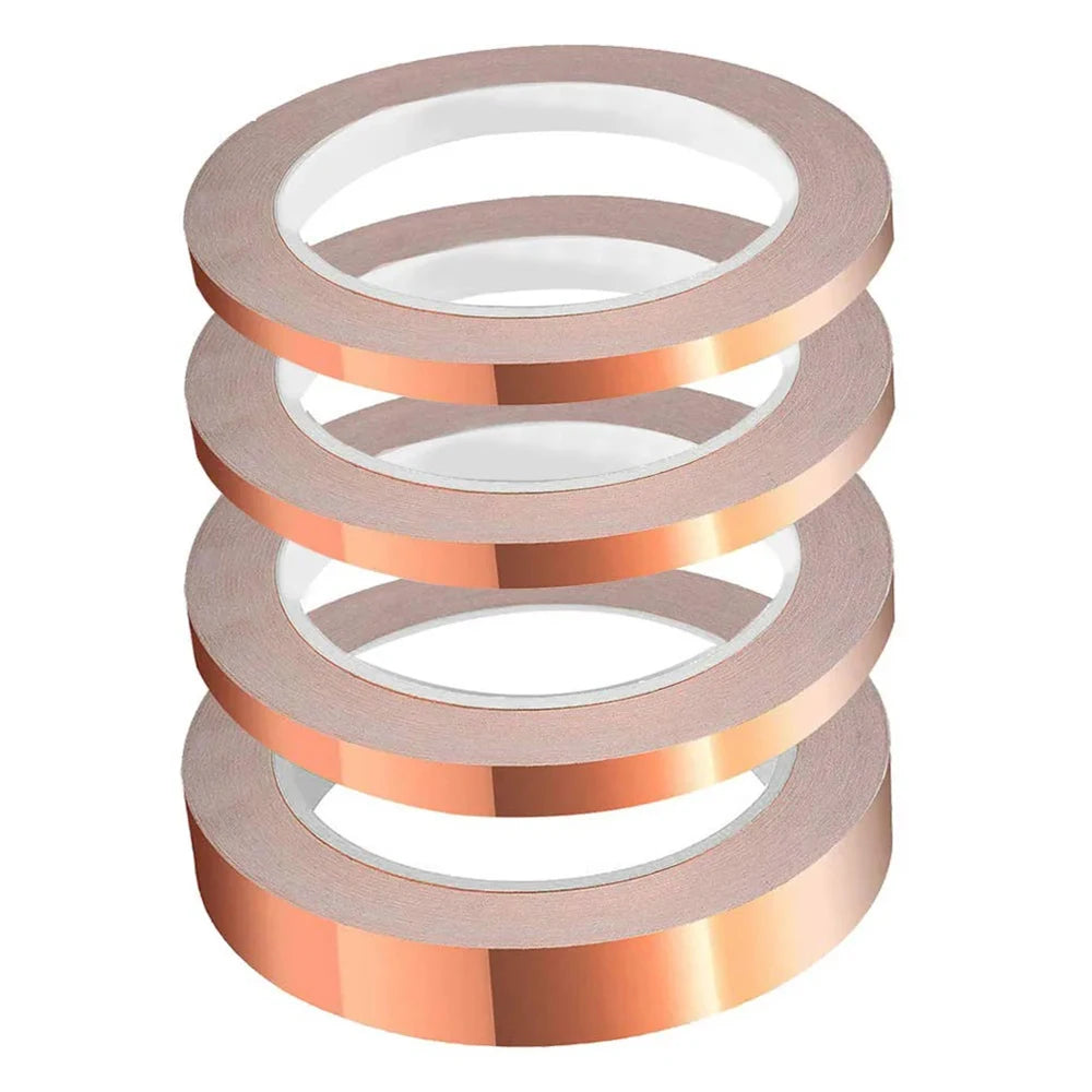 Copper foil tape with conductive shielding, showing a 20-meter single-sided copper tape roll for DIY stain glass and home appliance projects.