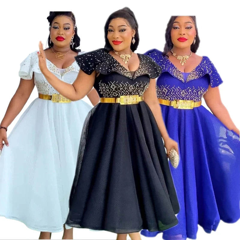 Dromiya women's rhinestone A-line evening gown with short sleeves and V-neck, featuring elegant embellishments and a flattering fit.