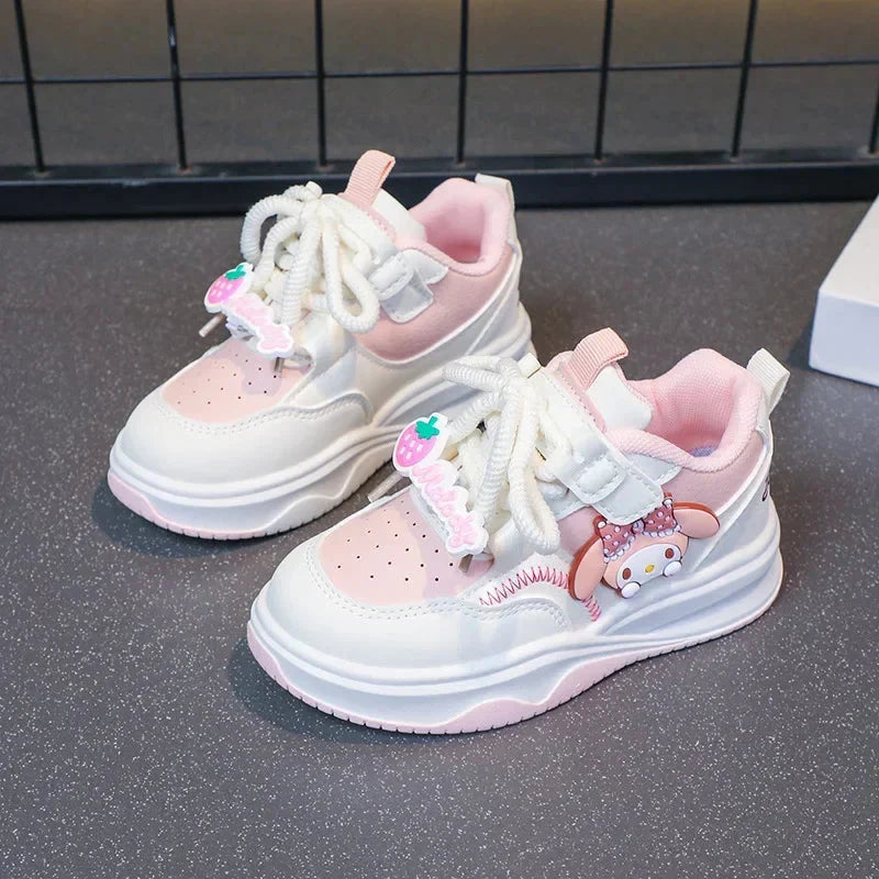 Sanrio Hello Kitty girls running shoes featuring Kuromi cartoon design and platform sneakers, colorful and stylish for kids.