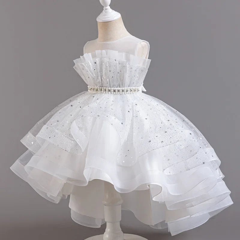 Lace mesh sleeveless girl’s party dress in solid color, perfect for summer evening events, for ages 3-12, by Showlu Fashion Store.