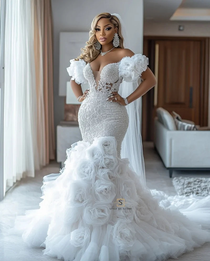 Elegant Ellie Moda mermaid wedding dress by SHOWLU FASHION STORE featuring off-shoulder design, crystal embellishments, and tulle fabric.
