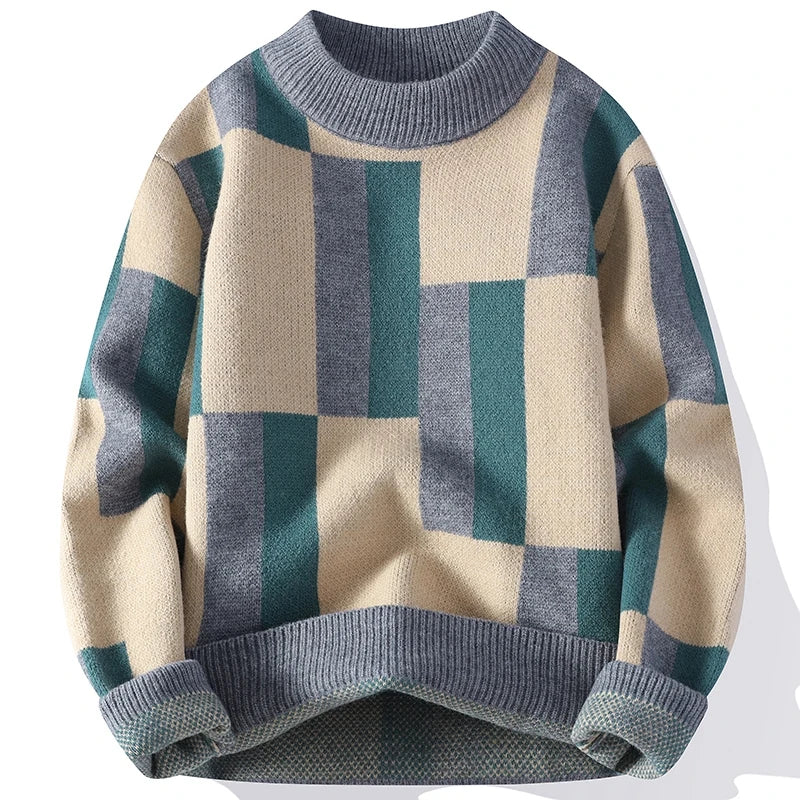 Close-up of Showlu Fashion plaid knit sweater for men and women, featuring a mock neck, loose fit, and vibrant autumn winter style.