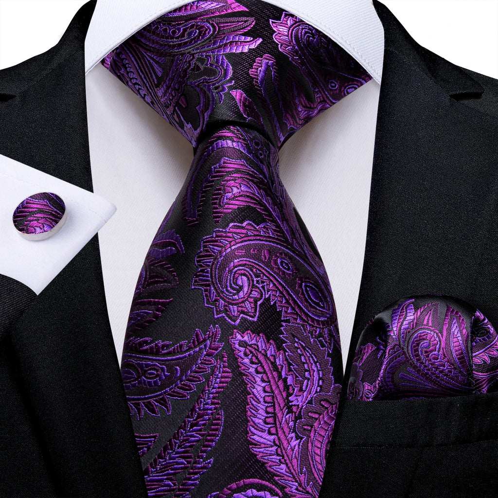 DiBanGu Ties For Men Purple Floral Paisley Necktie Business Formal 100% Silk Tie Pocket Square Set For Wedding Party Cravat