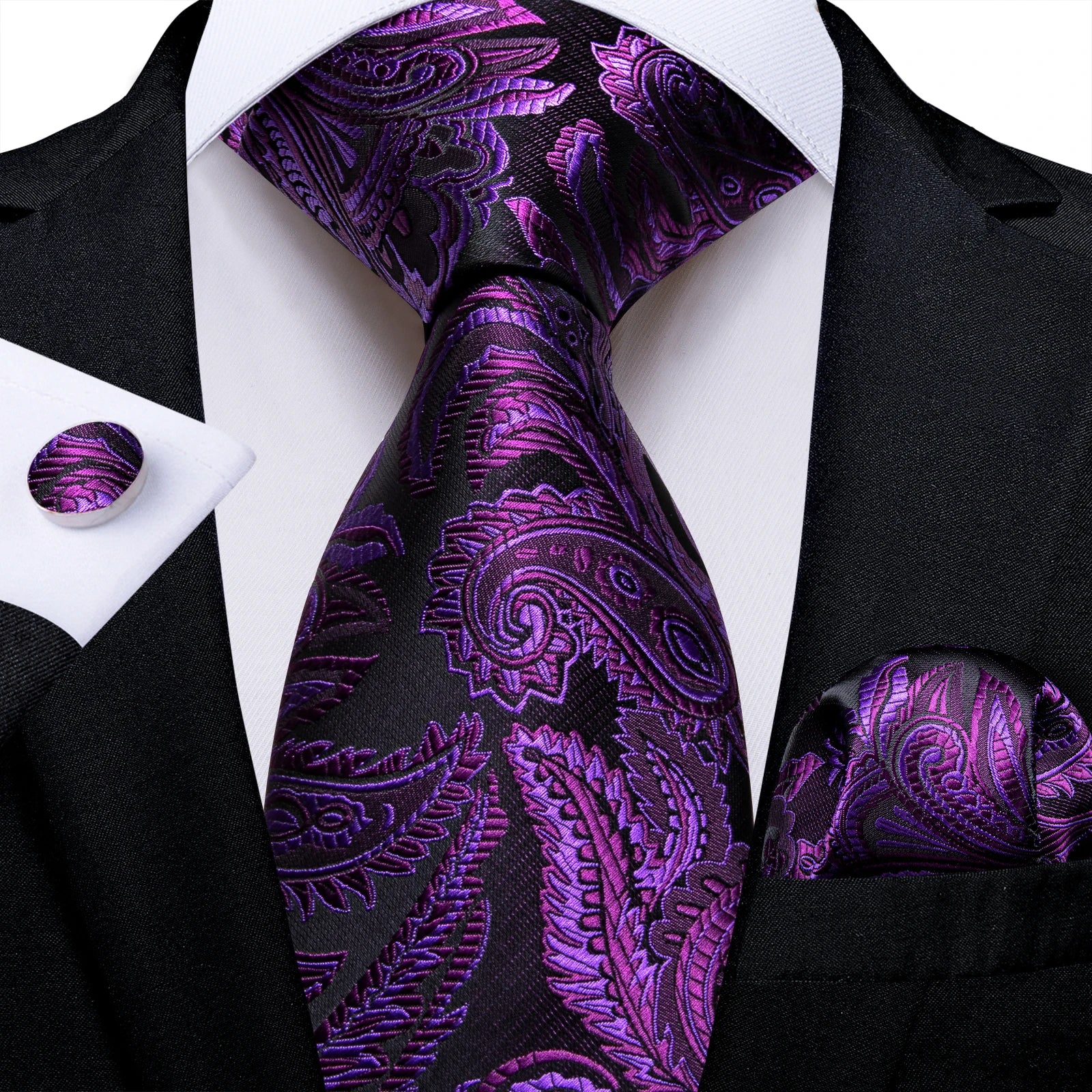 DiBanGu Ties For Men Purple Floral Paisley Necktie Business Formal 100% Silk Tie Pocket Square Set For Wedding Party Cravat