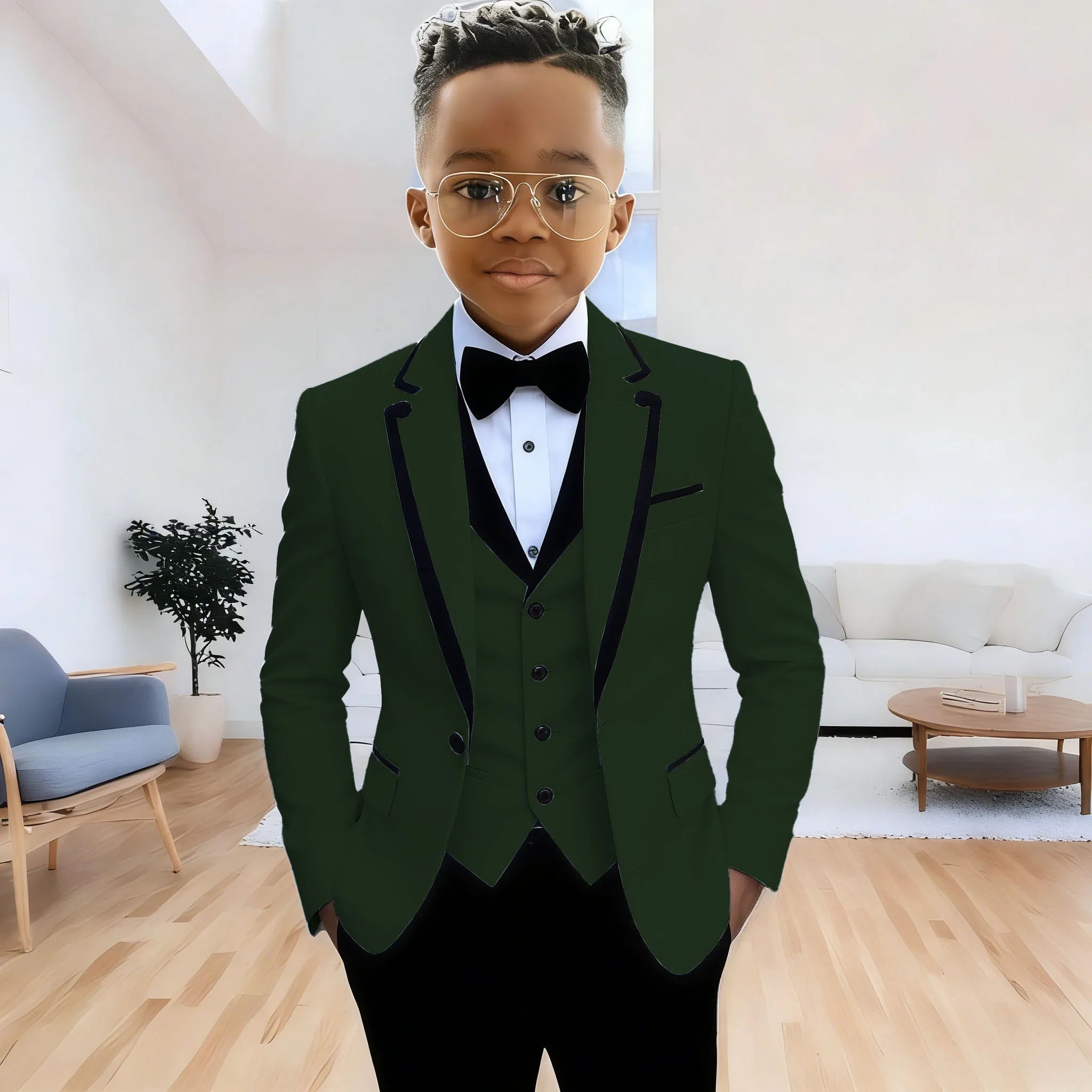 Showlu Smart General boys' formal suit set with notched lapel jacket, pants, and vest, perfect for weddings and special occasions.