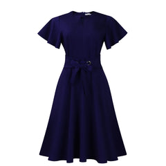 2025 Summer Fashion Solid Color Tie Waist Short Sleeve Dress Formal Midi Dress Going Out Outfits Elegant Women Clothing Style